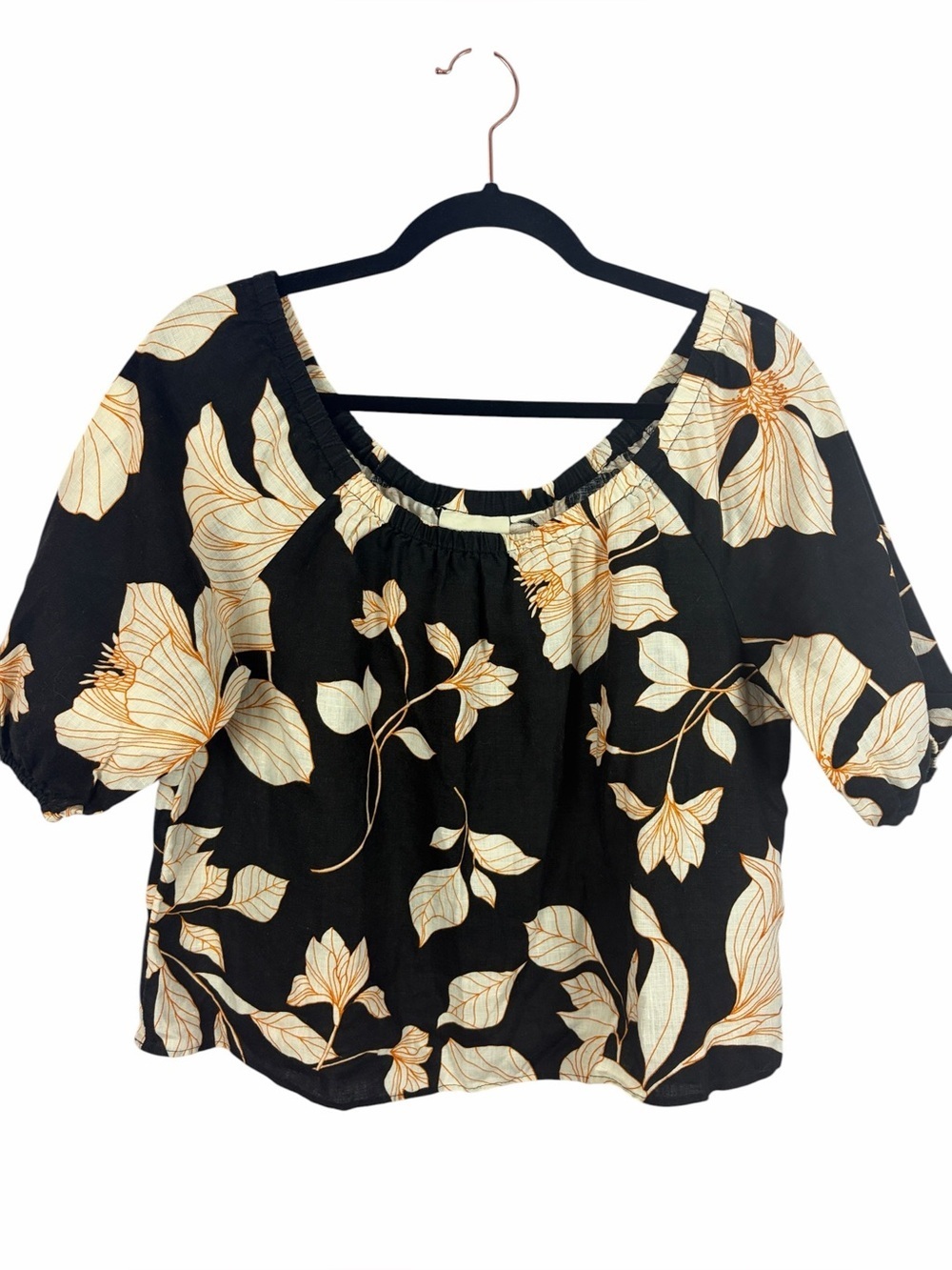 Cynthia Rowley 100% Linen Floral Peasant Blouse Black Beige Boho Medium